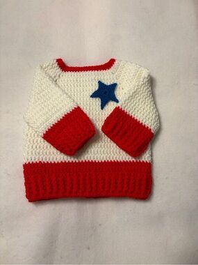 Handmade New Crochet Infant Pullover Sweater 12 Months Red White Blue Star